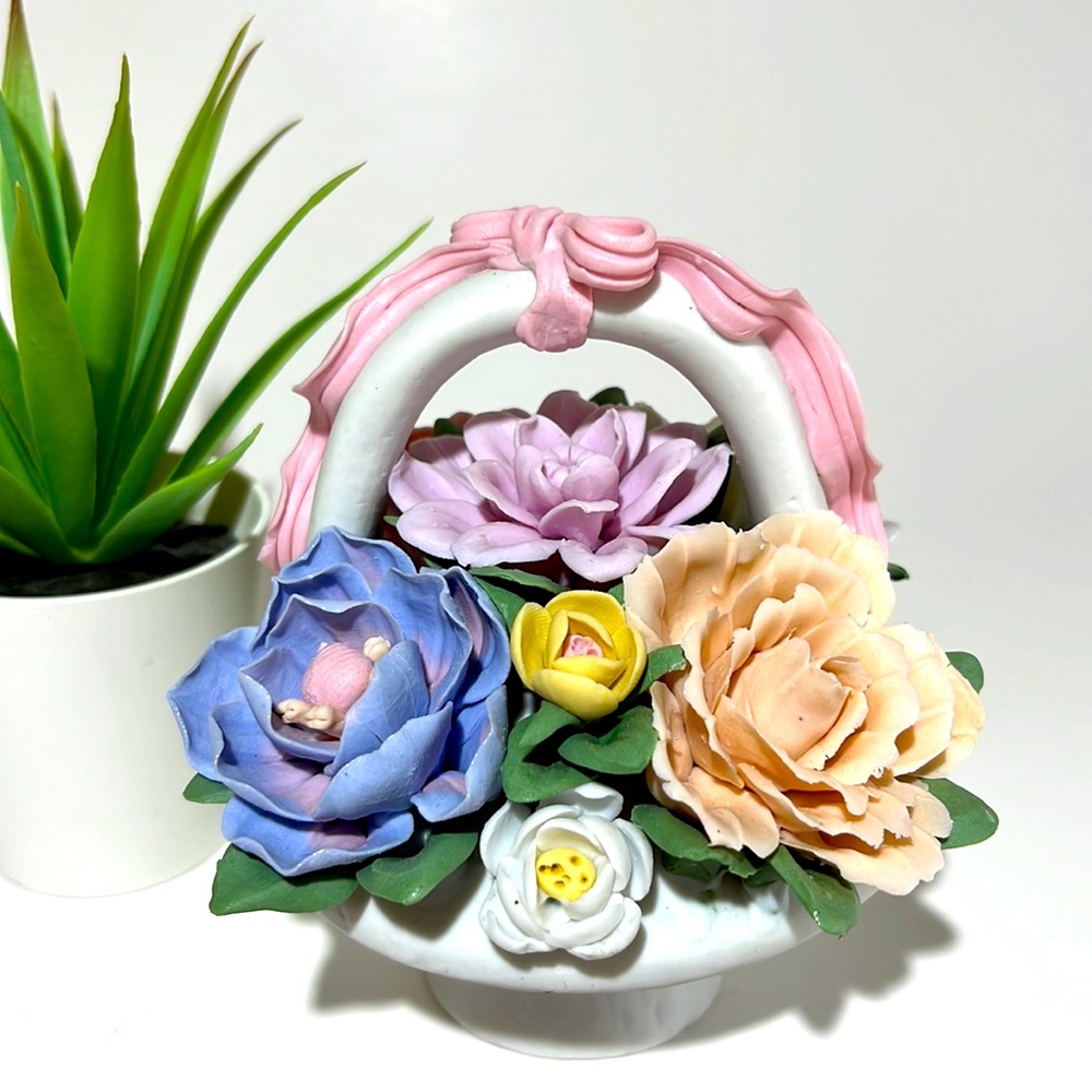 Vintage Flower Bouquet Basket Hand Painted Miniature Porcelain Figurine